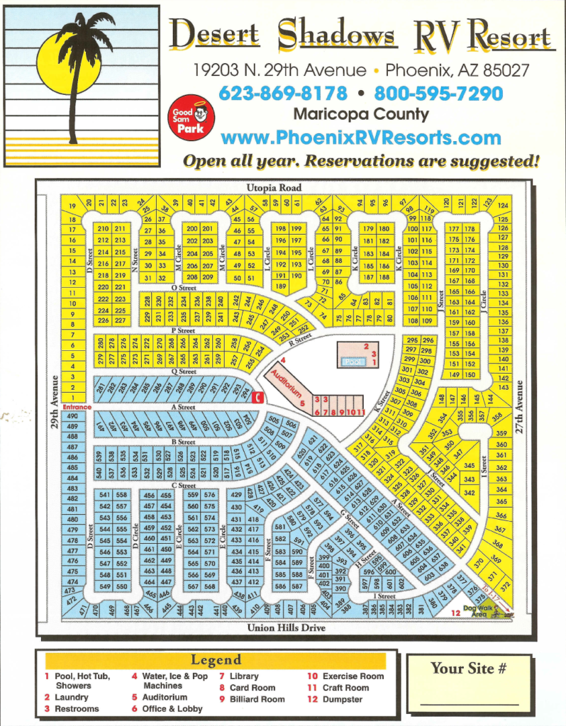 Desert Shadows RV Resort campground map with labeled lots, roads, amenities, and legend.