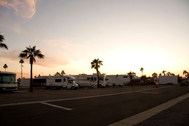 RVs parked along a road at sunset with palm trees silhouetted against the sky