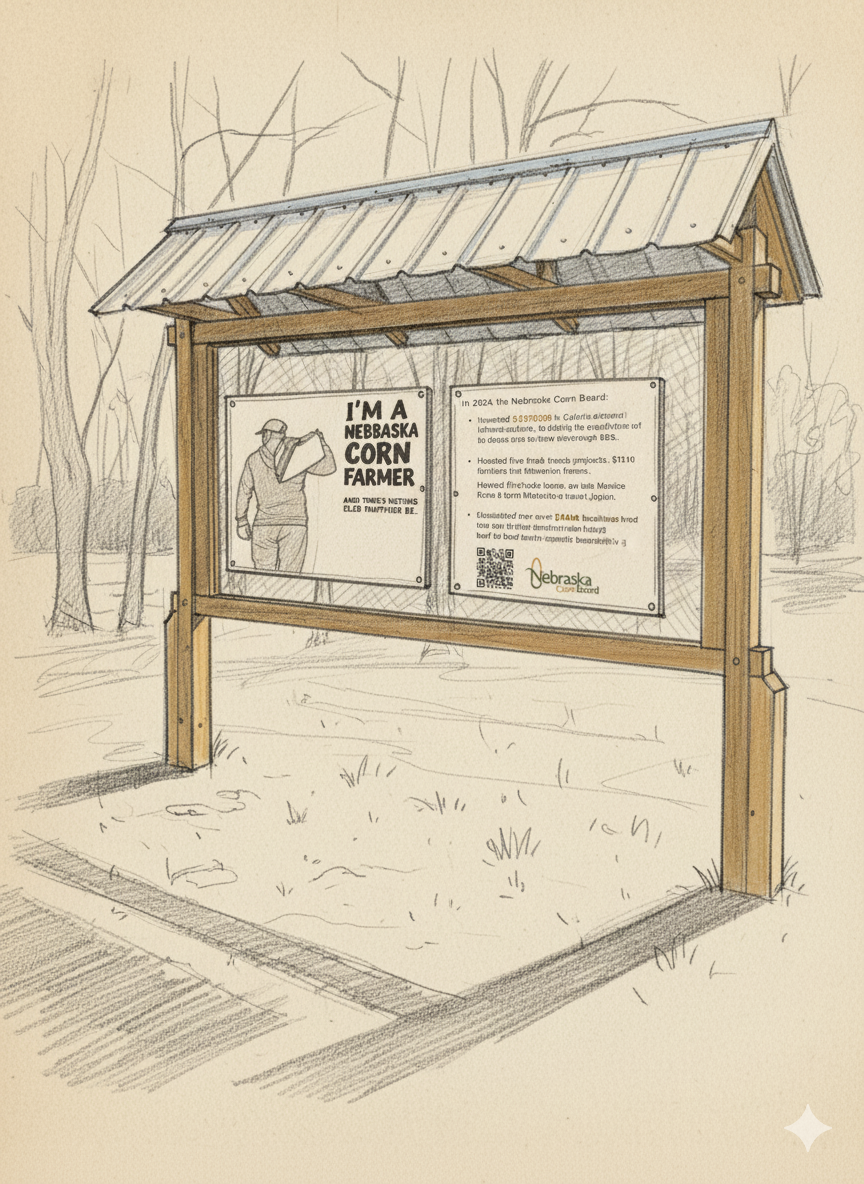 A wooden information board with a metal roof. Two posters: one says 