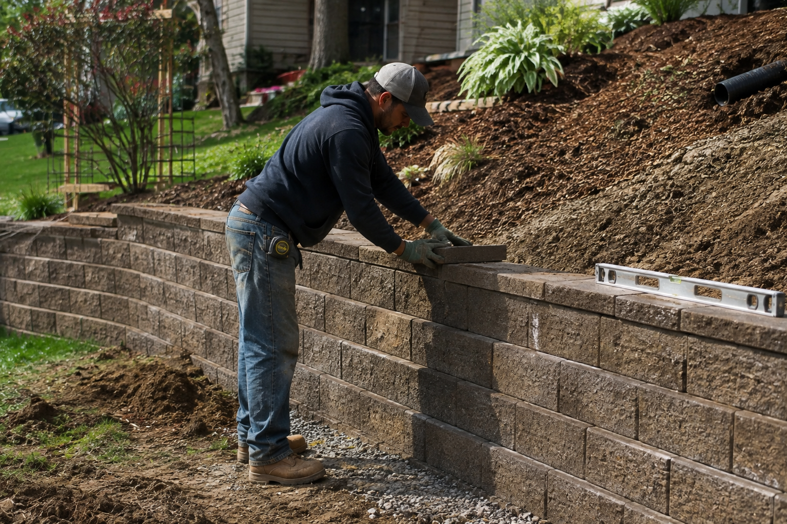 Construction worker laying cinder blocks with a trowel at a masonry wall site