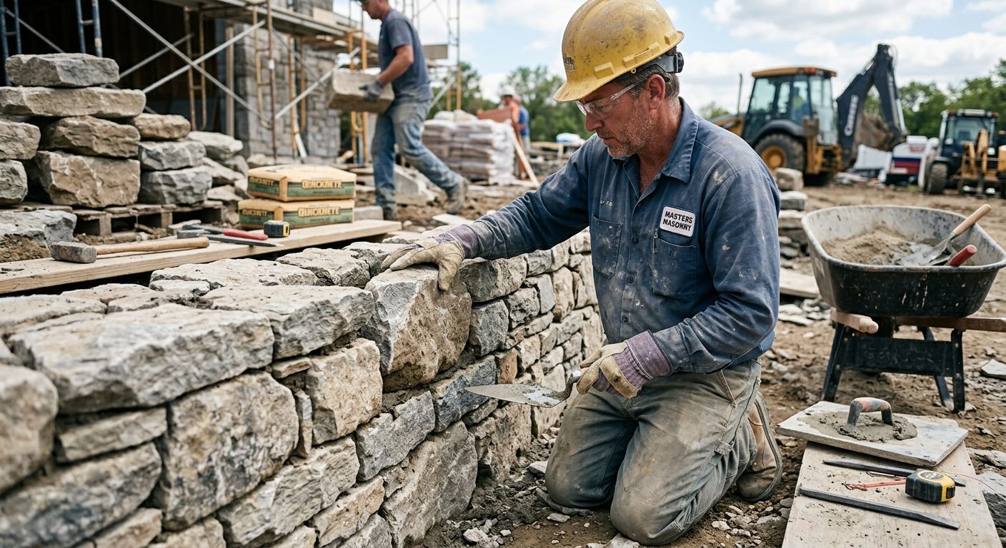 Worker stacking red bricks with a metal tool at a construction site