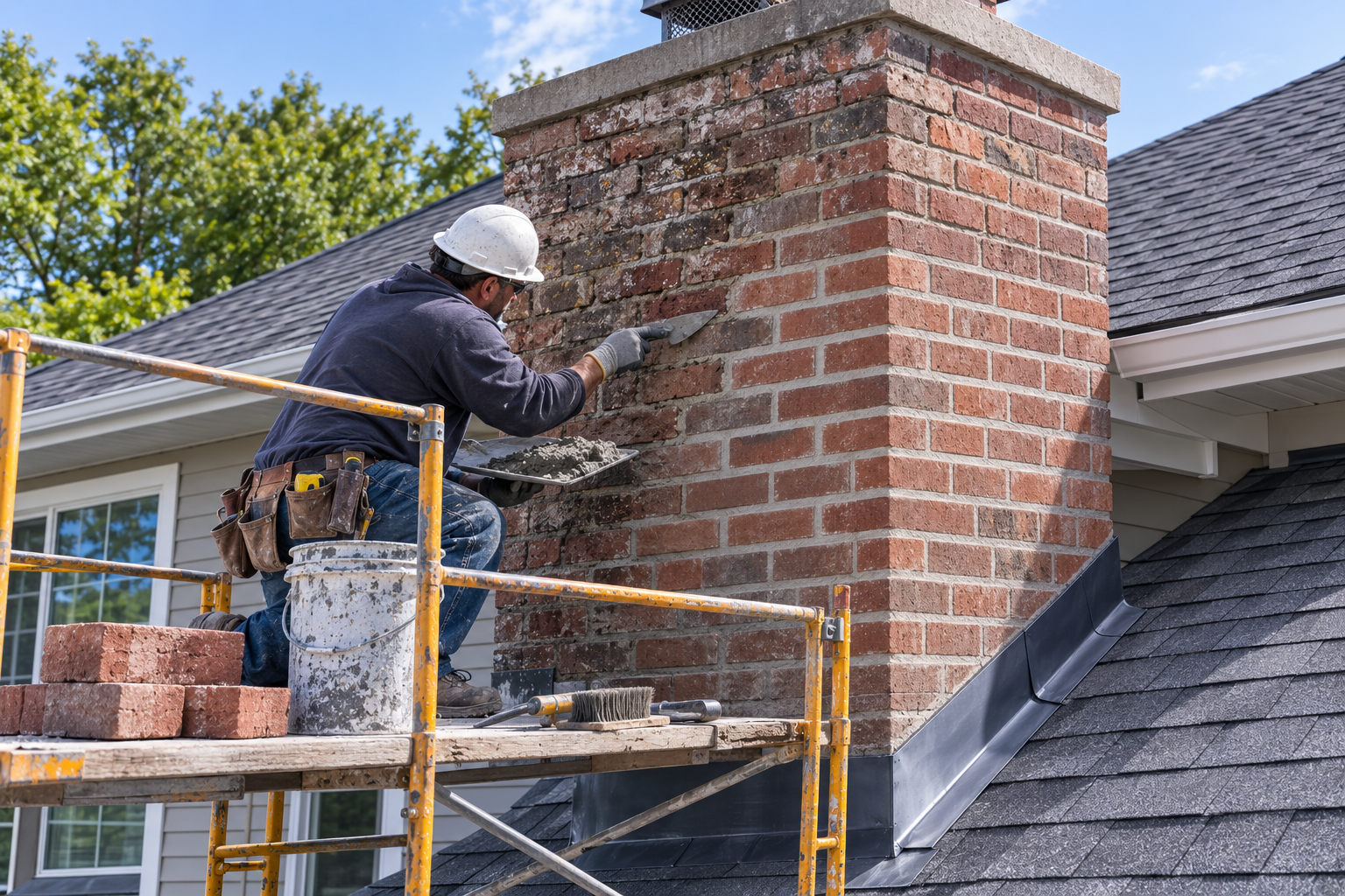 Worker laying bricks on a chimney atop a house roof with scaffolding