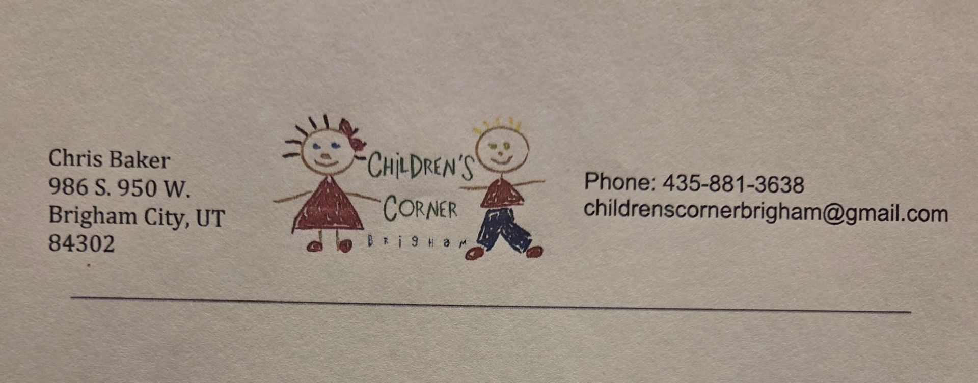 Business card with two cartoon children and contact info for Chris Baker, 436-650-5338, childrensomething@gmail.com