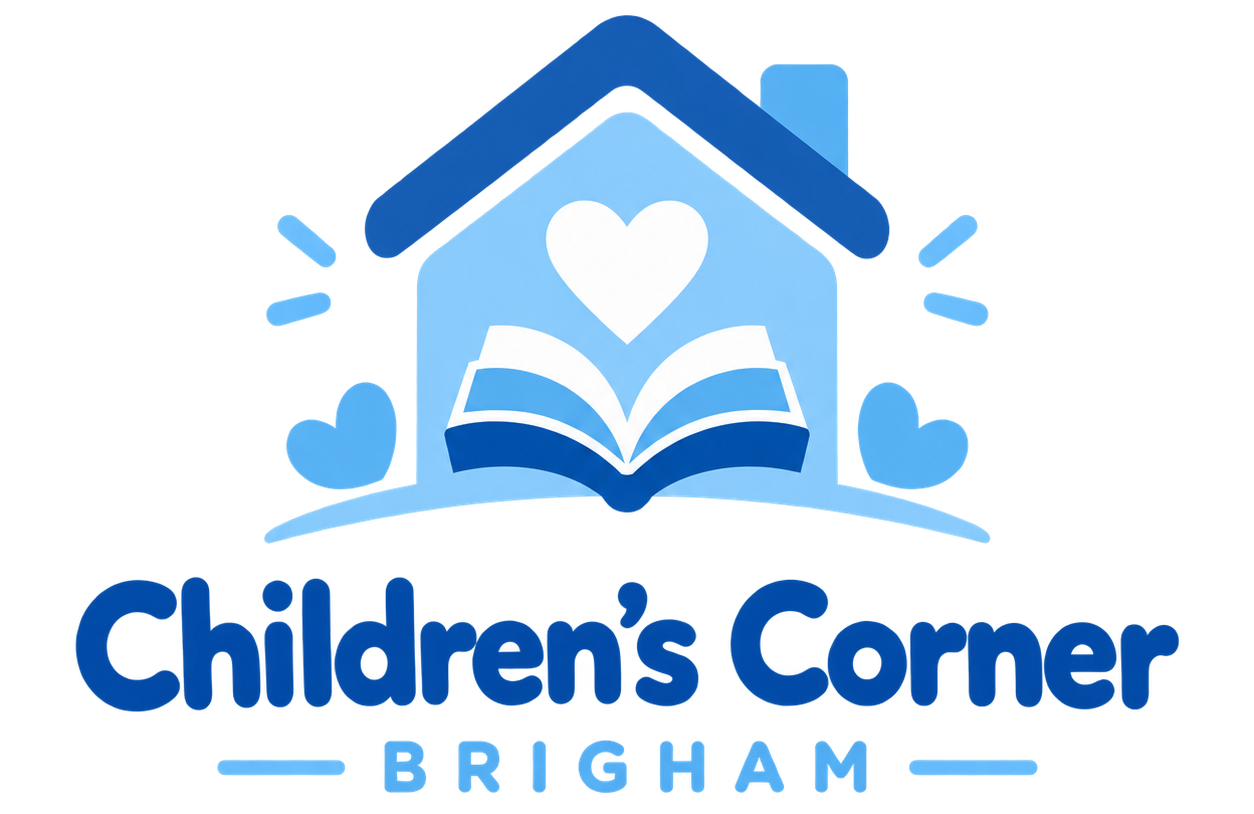 Children’s Corner Brigham logo with blue house, book, and heart icon