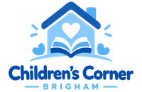 Children’s Corner Brigham logo with blue house, book, and heart icon
