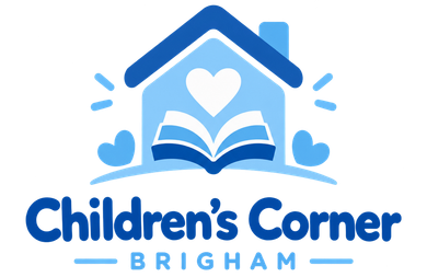 Children’s Corner Brigham logo with blue house, book, and heart icon