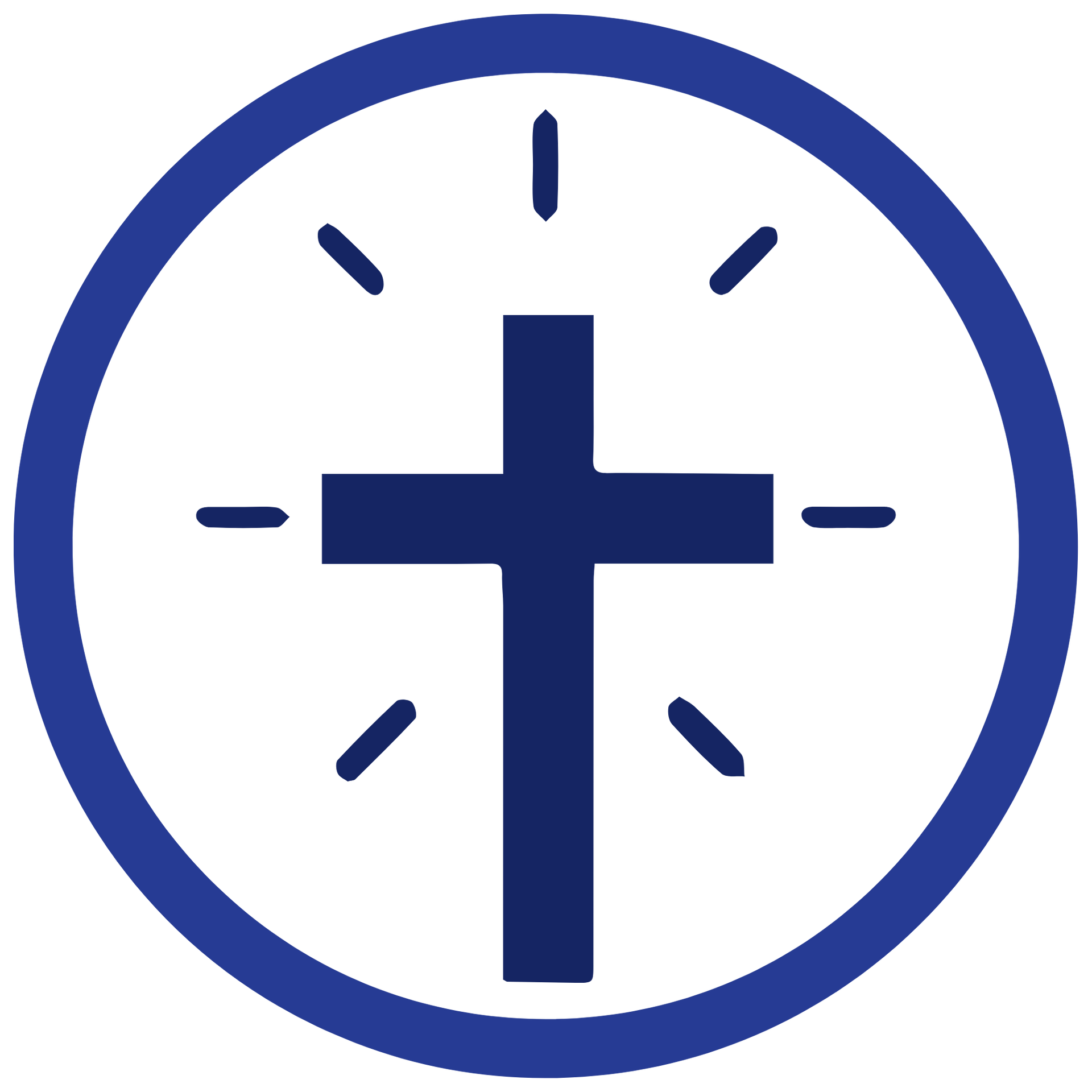 Blue cross inside a blue circle with small tick marks, resembling a clock or religious symbol