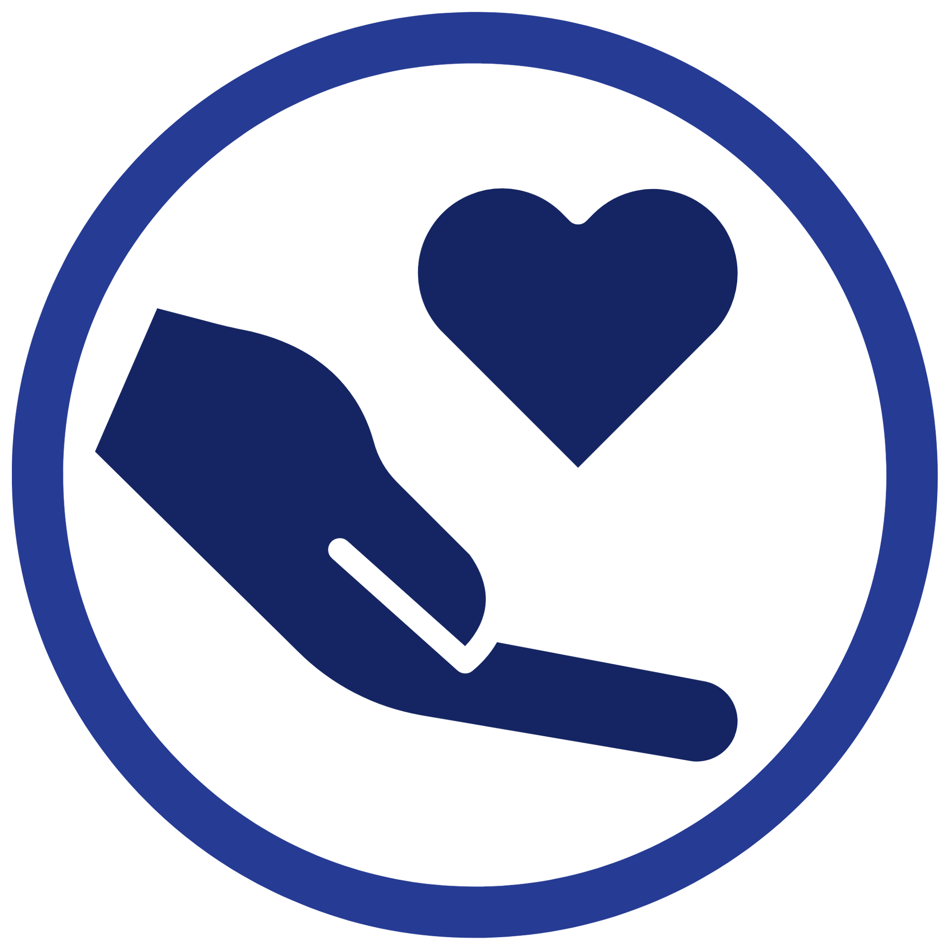 Blue circular sign with a hand and heart symbol, indicating care or support