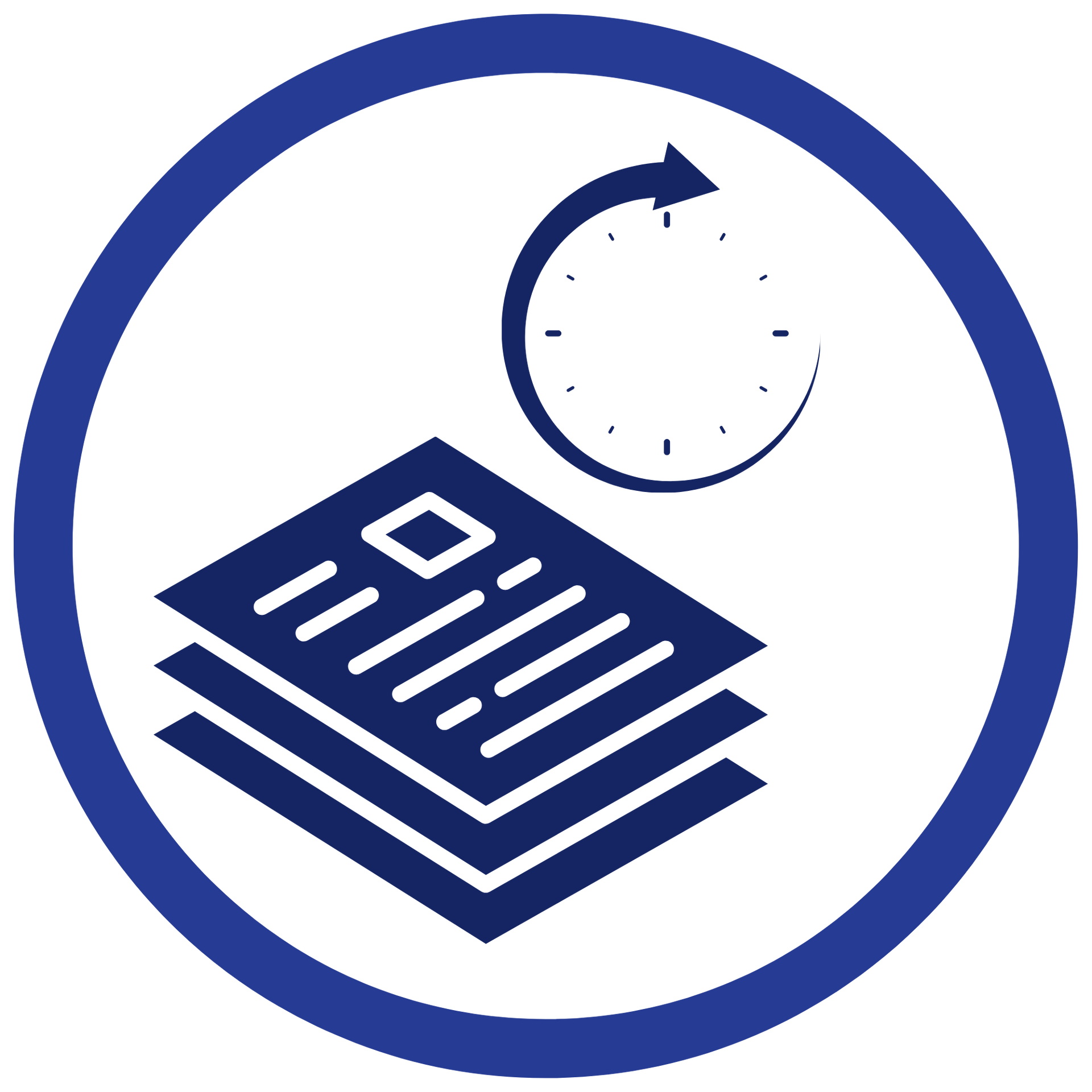 Blue icon of stacked papers with a clock inside a circular border
