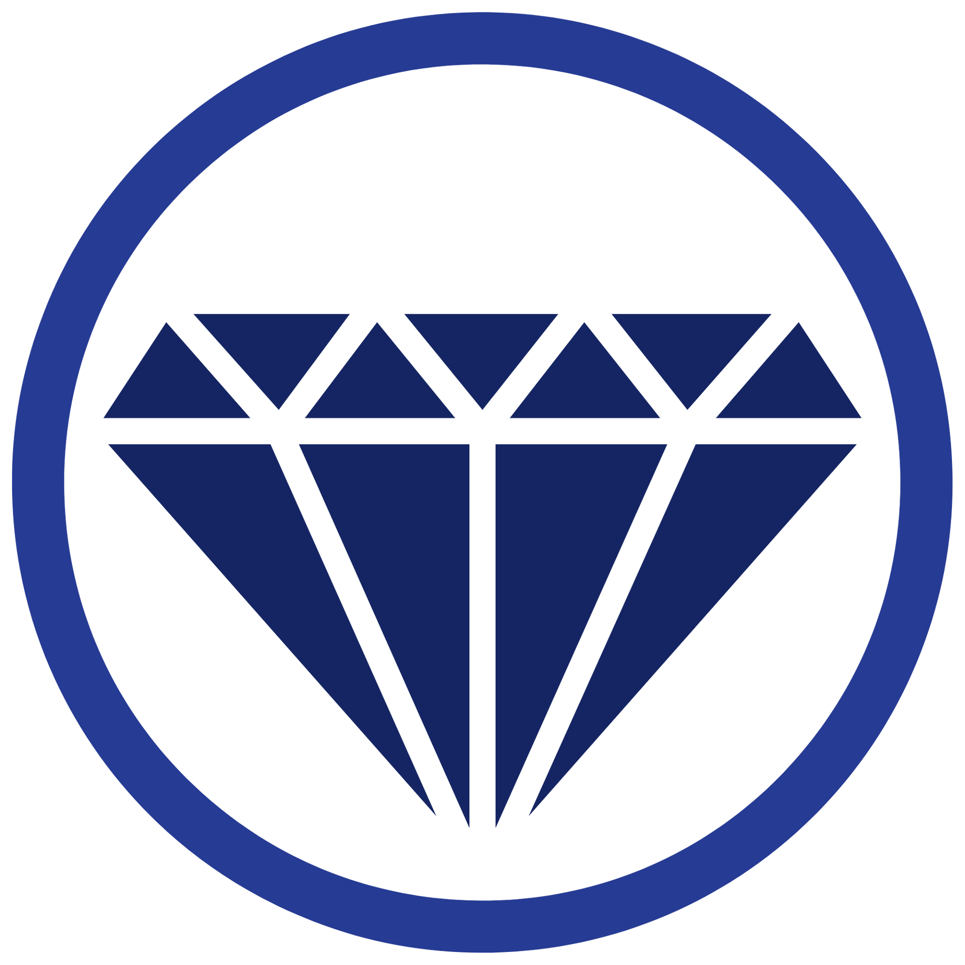 Blue diamond logo inside a blue circle on a white background