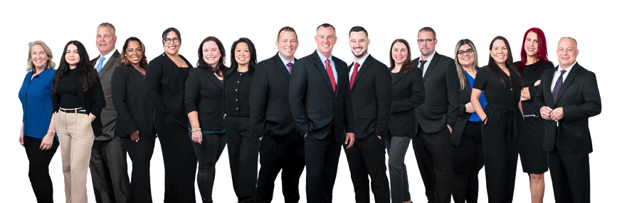 Group of business professionals in dark suits standing in a row against a white background