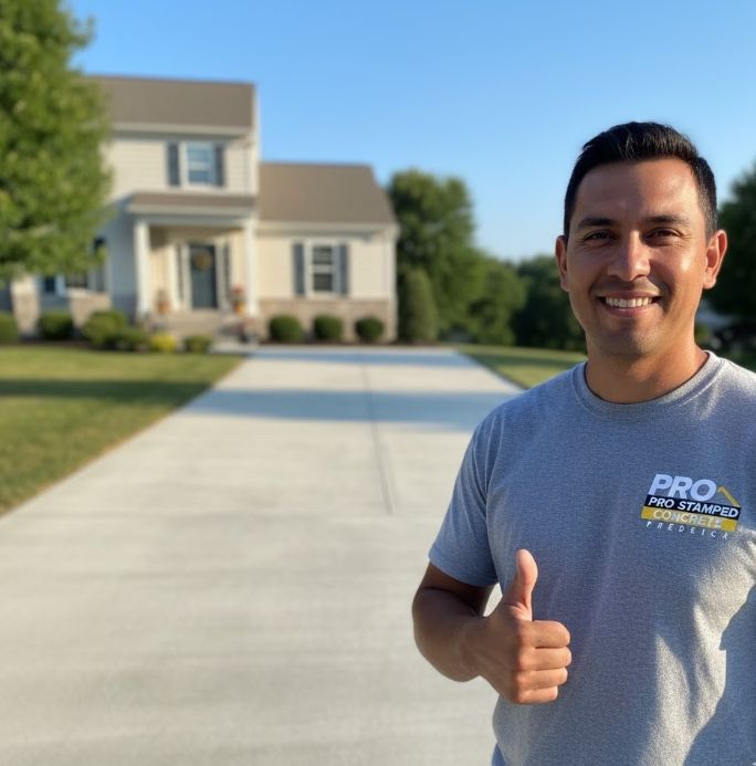 Professional concrete driveway contractor in Frederick MD giving a thumbs-up next to a newly poured, standard broom-finish concrete slab driveway.