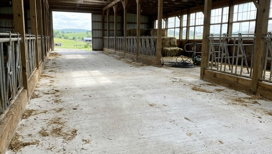 Durable non-slip agricultural concrete flooring installed in a modern Frederick MD dairy barn.