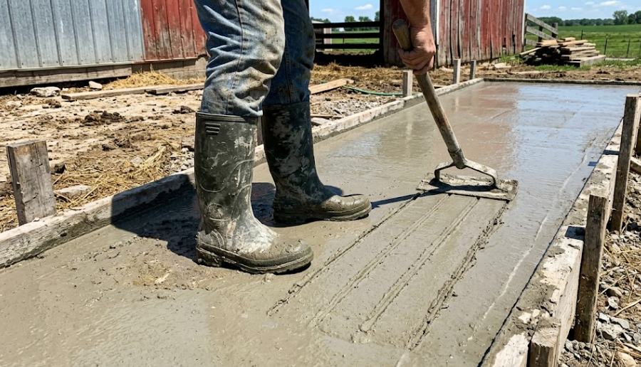 Professional concrete finishing for livestock safety on a Maryland farm.