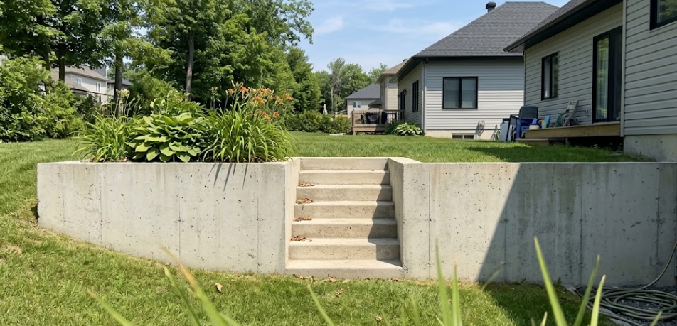 Modern poured concrete retaining wall with built-in stairs for a sloped residential yard