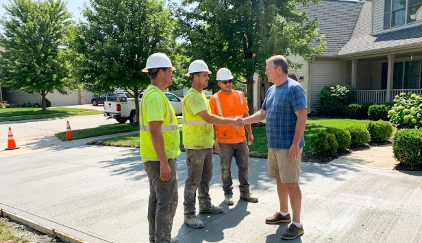 The Pro Stamped Concrete Frederick team finishing a successful driveway installation for a local homeowner.
