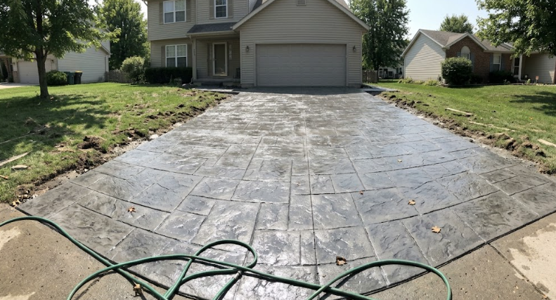 Beautiful grey slate stamped concrete driveway installed in front of a modern home in Frederick MD.