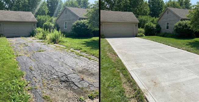 Before and after comparison of replacing an old asphalt driveway with a new concrete driveway.