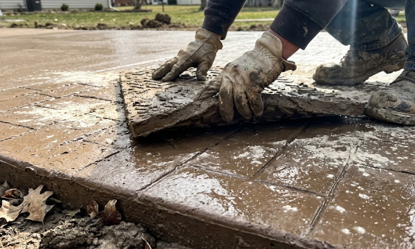 Professional contractors installing and stamping decorative concrete for a new walkway.