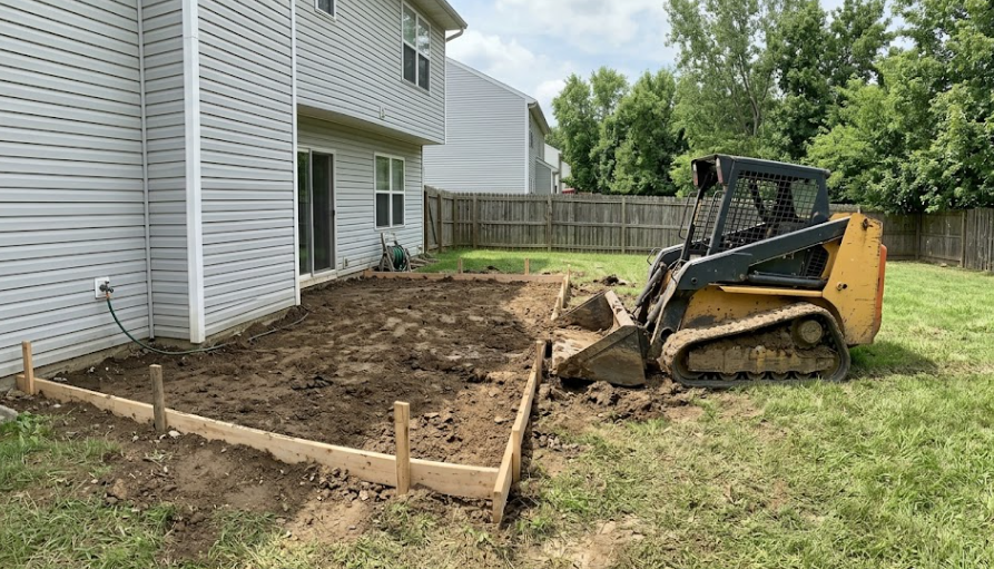 Freshly graded and leveled land prepared for a new stamped concrete patio installation.