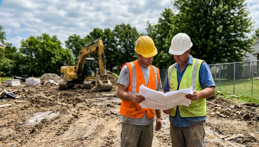 Frederick Stamped Concrete team carefully reviewing site plans before starting an excavation project.