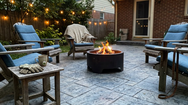 A stamped concrete backyard patio featuring a fire pit and outdoor seating.
