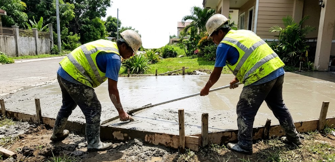 Concrete contractors smoothing out a fresh concrete pour for a new driveway