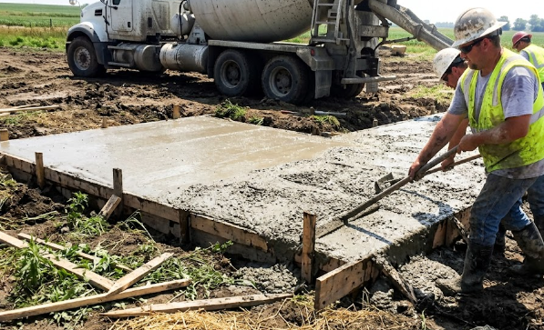 Local concrete contractors pouring a large agricultural foundation for a farm in Frederick MD.