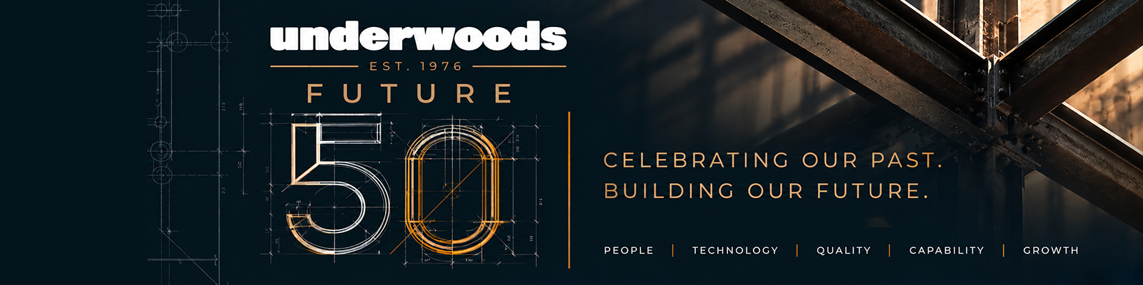 Graphic artwork of the Underwoods logo, Future 50. Celebrating our past. Buildiing our future. 