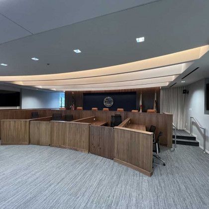 A large room with wooden walls and a ceiling.