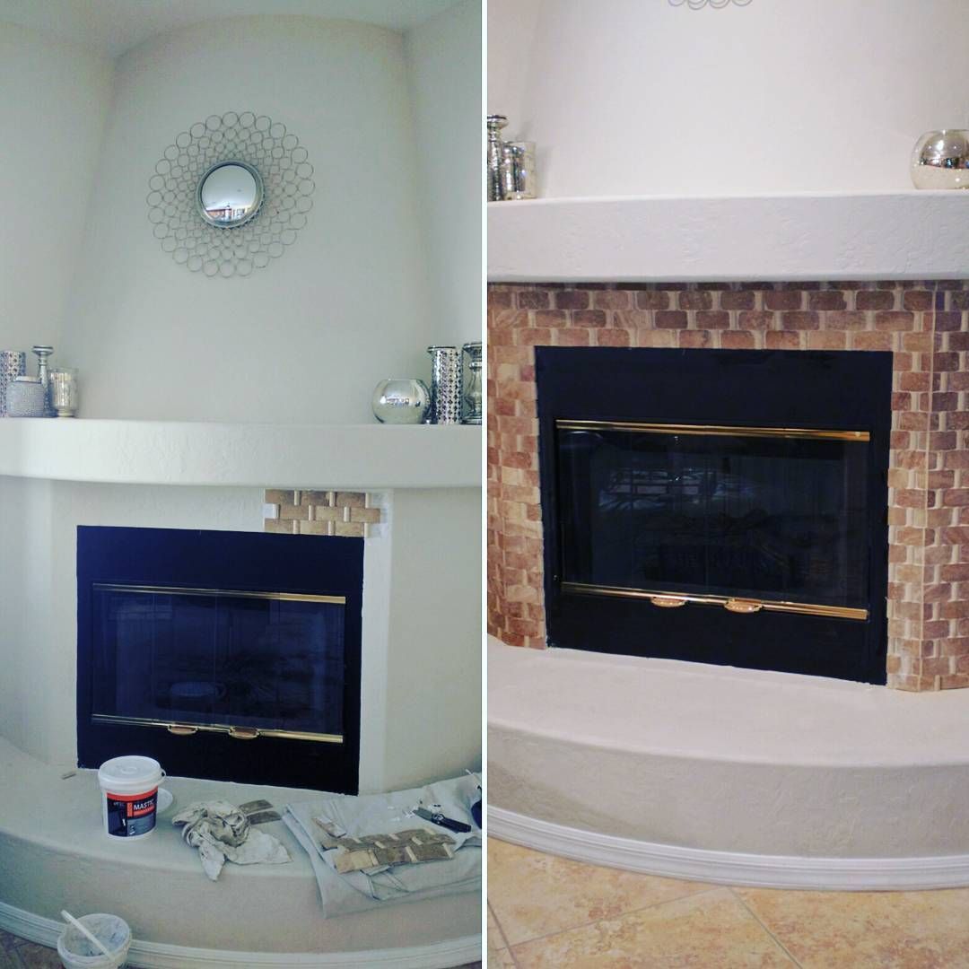 Before-and-after fireplace makeover with white surround, brick mantel, and dark firebox front