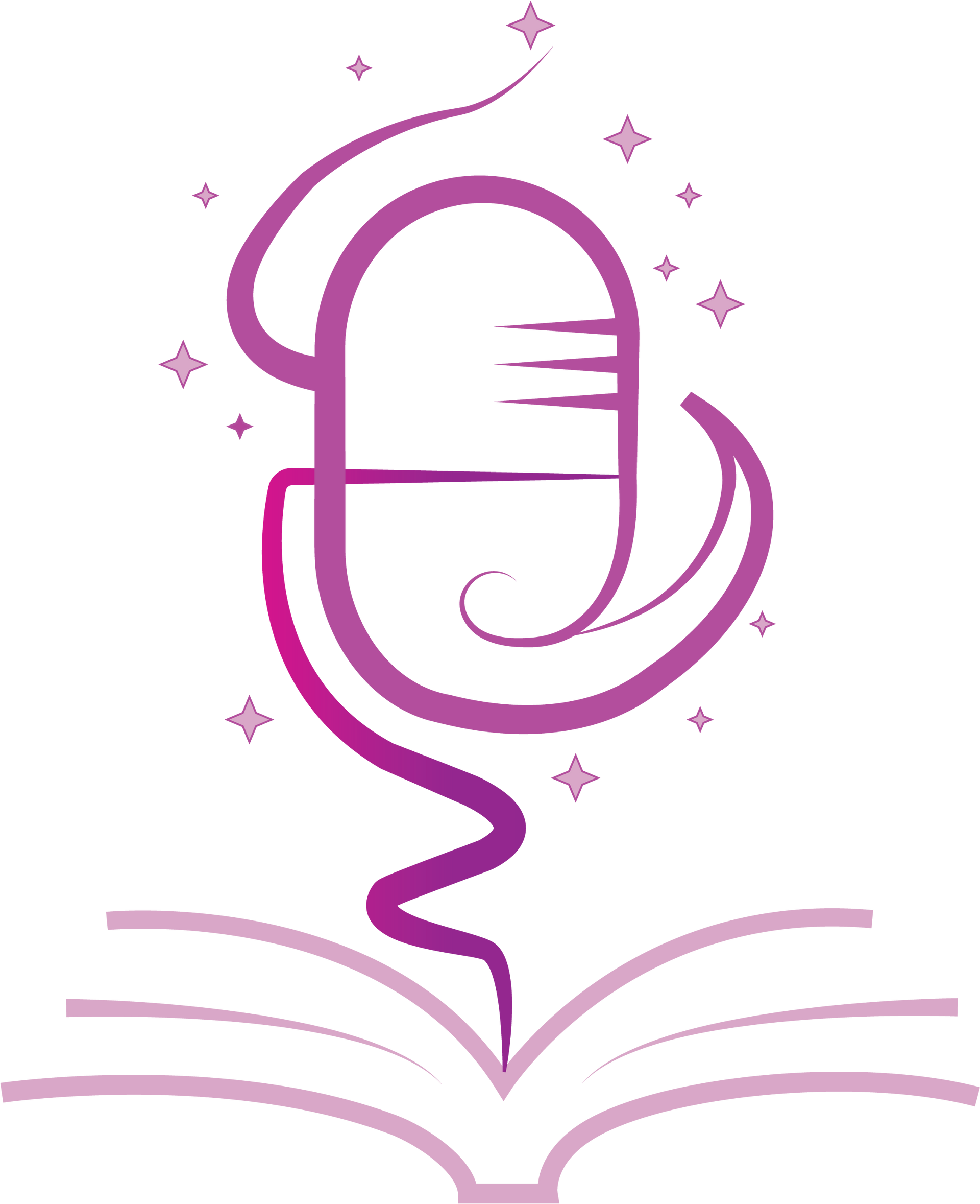 Pink microphone icon above an open book with sparkles, suggesting podcasting or voice storytelling