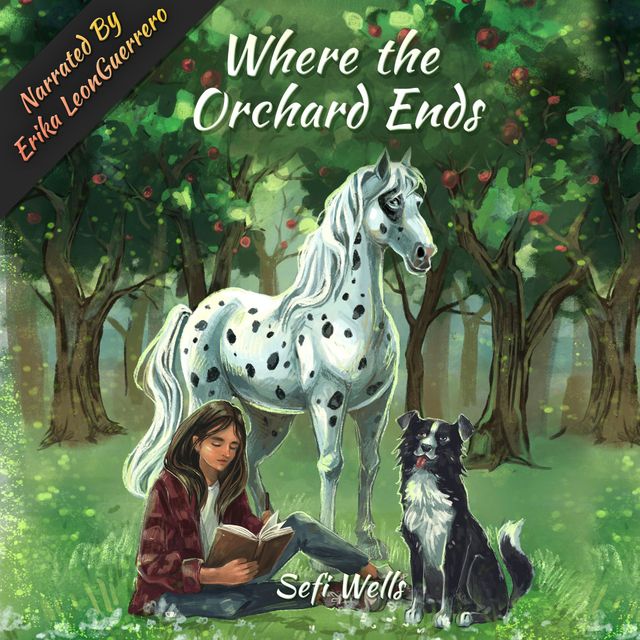 Book cover: girl and black dog in a forest with a white spotted horse; title Where the Orchard Ends