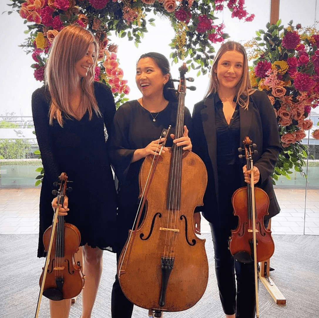 Three musicians with string instruments pose in front of a floral archway.