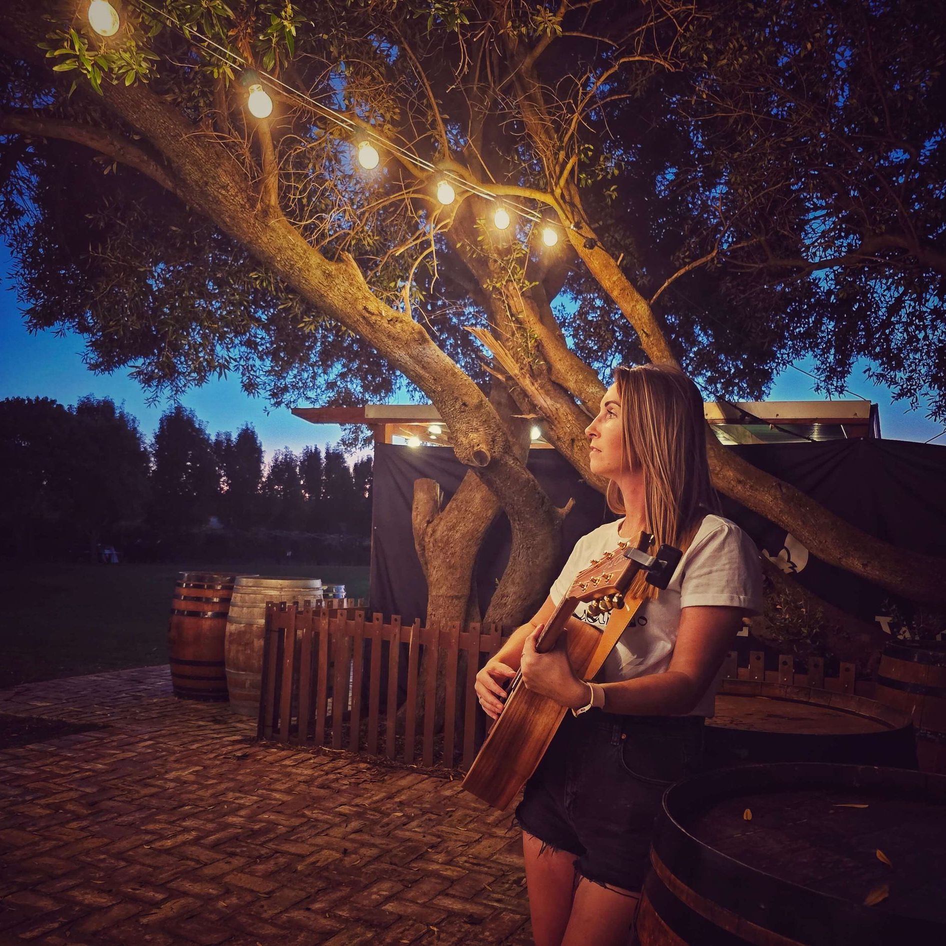 Woman playing guitar under tree with string lights, at dusk.