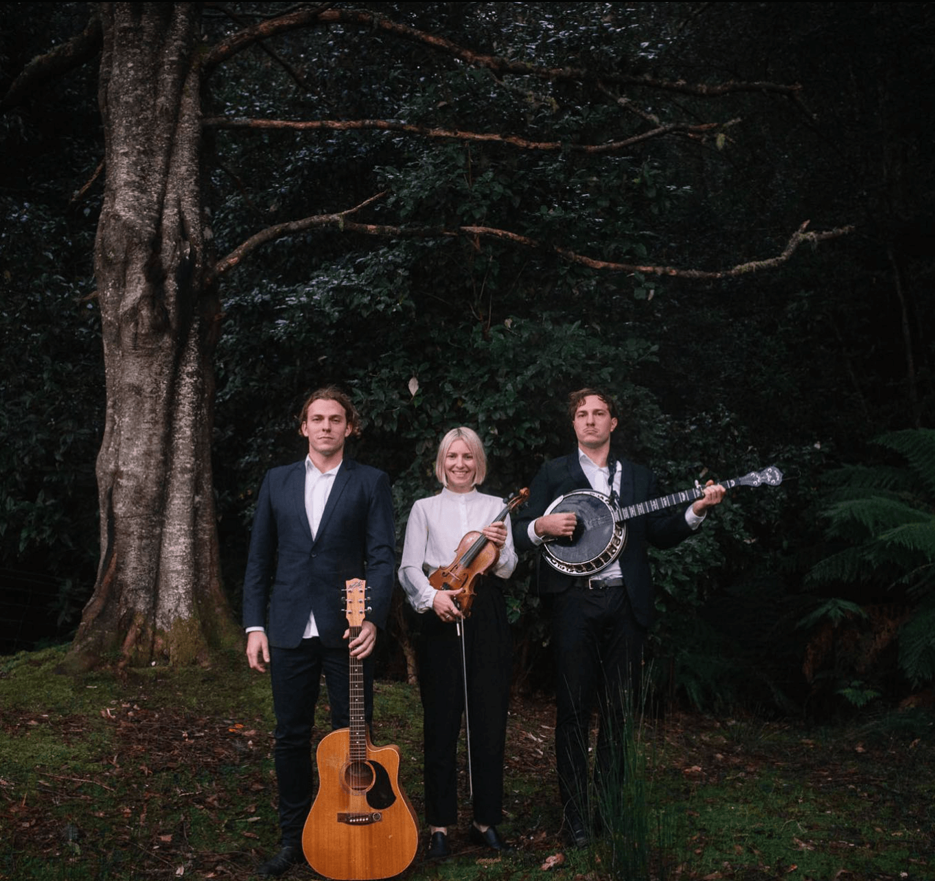 Three musicians with instruments pose outdoors near a tree: guitar, violin, banjo.