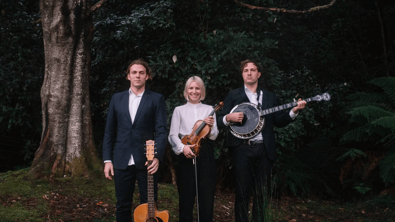 A group of people standing next to each other holding guitars and banjos.