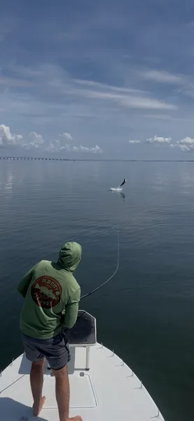 Person in green hoodie stands on a boat, looking at a bird over calm water under a cloudy sky