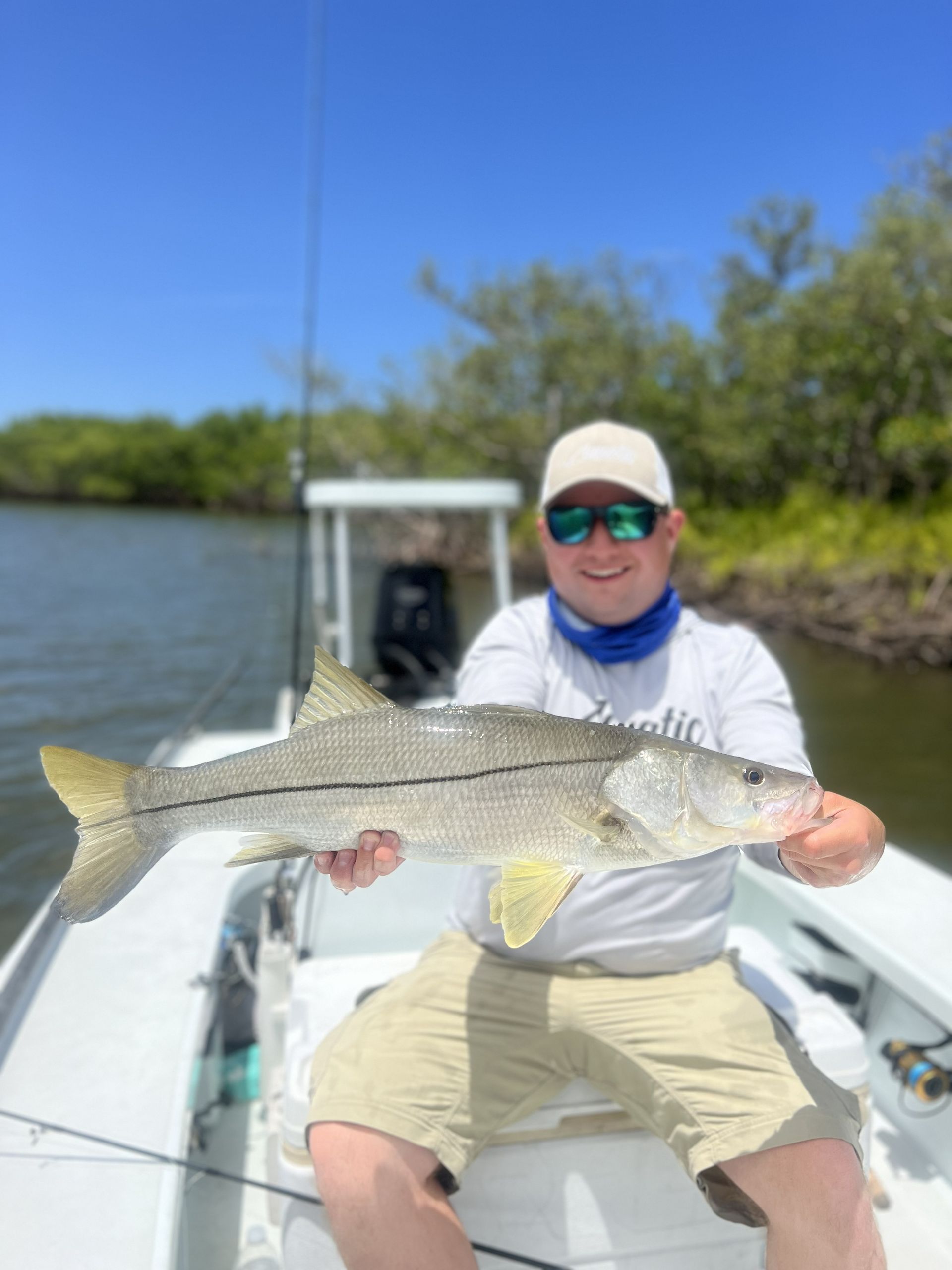 Person on a boat holding a large fish on a sunny river.