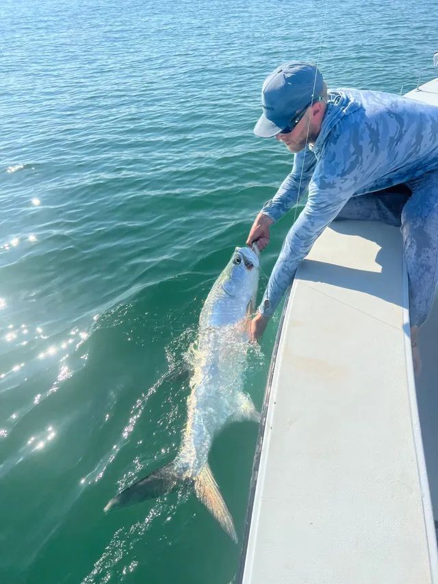 Person on a boat releasing a fish into the green-blue water