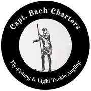 Black-and-white Capt. Bach Charters logo with an angler and fishing rod