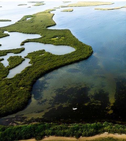 Aerial view of mangrove islands and blue water with dark shallow areas