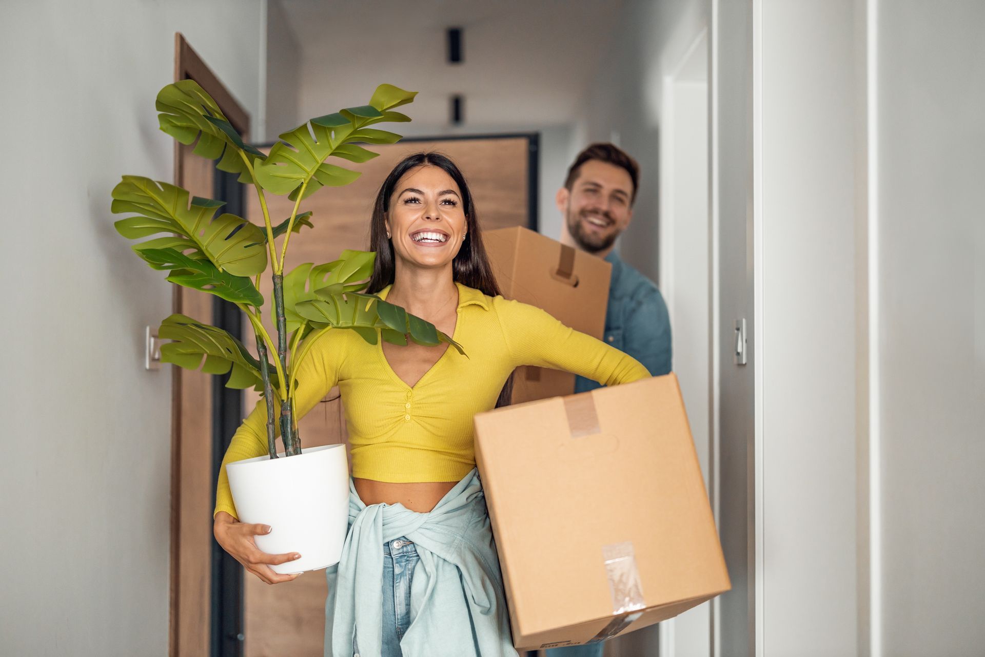 a woman is holding a potted plant and a cardboard box a woman is holding a potted plant and a cardboard box