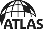 A black and white logo for atlas with a globe in the middle.