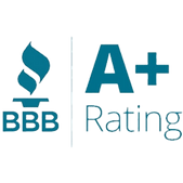 The bbb rating logo is blue and white and says a + rating.