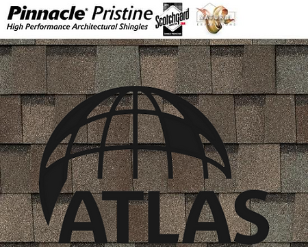 Atlas roof shingles with a black globe logo and the words “Pinnacle Pristine” at the top.