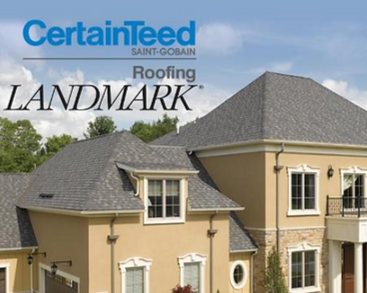 CertainTeed Landmark roofing ad showing a tan house with gray shingle roof