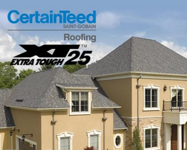 CertainTeed roofing ad with gray shingle roof on tan house and “Extra Tough 25” text