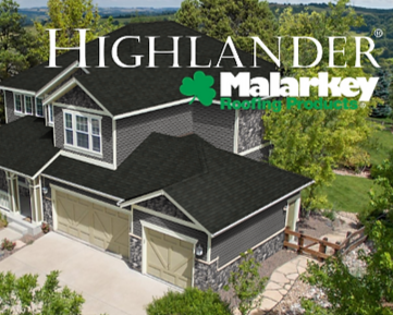 Dark gray two-story suburban house with a double garage and landscaping, overlaid with Highlander Malarkey Roofing Services logo