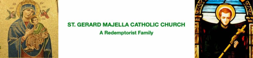 Banner for St. Gerard Majella Catholic Church with religious icons on both sides, green text on white background
